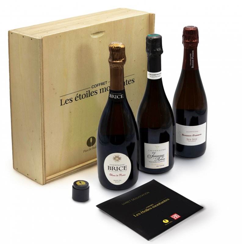 Champagne Plus de Bulles - Coffret RVF : Les Etoiles Montantes (3e édition) - Bouteille 75CL - Caisse bois Champagne Plus de Bulles - Coffret RVF : Les Etoiles Montantes (3e édition) - Bouteille 75CL - Caisse bois