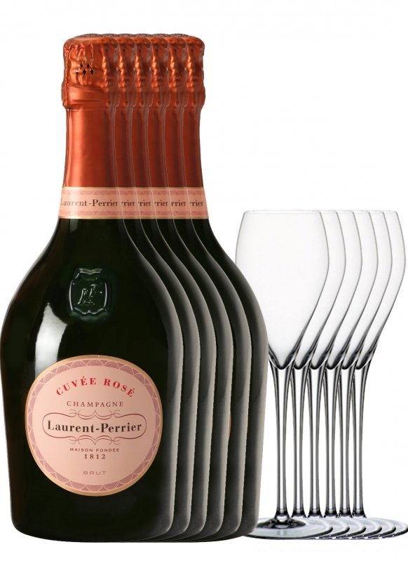 Champagne Laurent-Perrier - 6 Cuvée Rosé + 6 flûtes - Garrafa 75 cl - Garrafa + taças Champagne Laurent-Perrier - 6 Cuvée Rosé + 6 flûtes - Garrafa 75 cl - Garrafa + taças