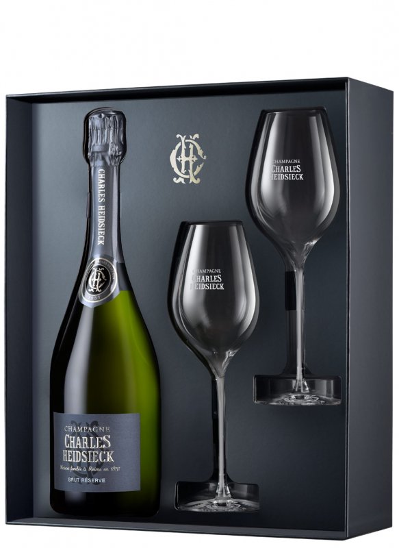 Champagne Charles Heidsieck - Coffret Brut Réserve + 2 flûtes - Bouteille 75CL - bouteille + flûtes